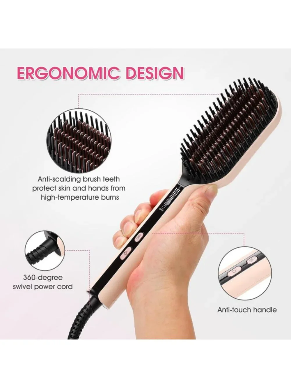 Negative Ionic Hair Straightener Brush - Fast Heat, Sleek & Smooth Finish, Pink